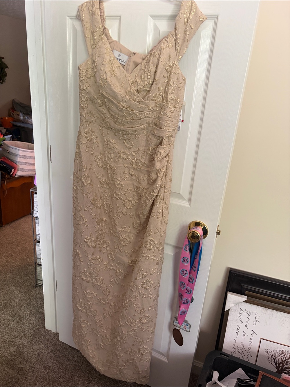 Oleg Cassini Gold-Beige Lace Draped Maxi Dress